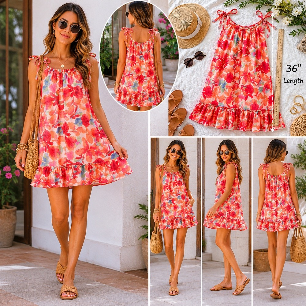Robbie Bee Floral Tie Shoulder Ruffle Hem Mini Dress Orange Pink Medium